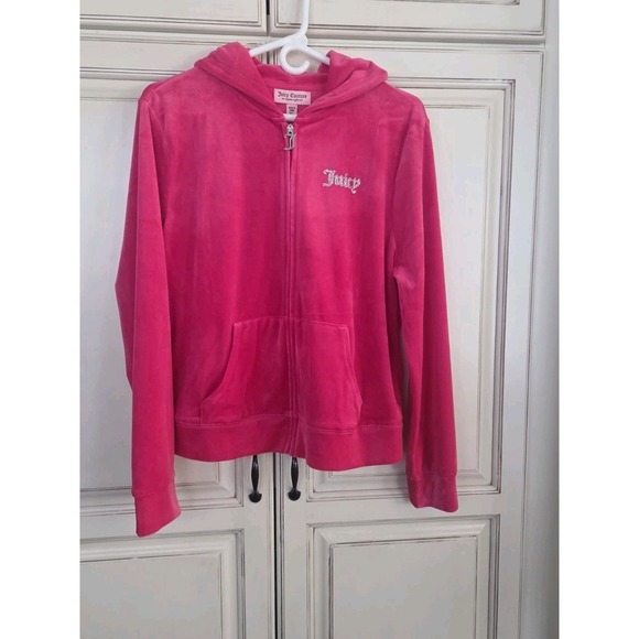Juicy Couture Tops - Juicy Couture Velour‎ Hoodie Full Zip Jacket Rhinestone Logo Women's XL Pink